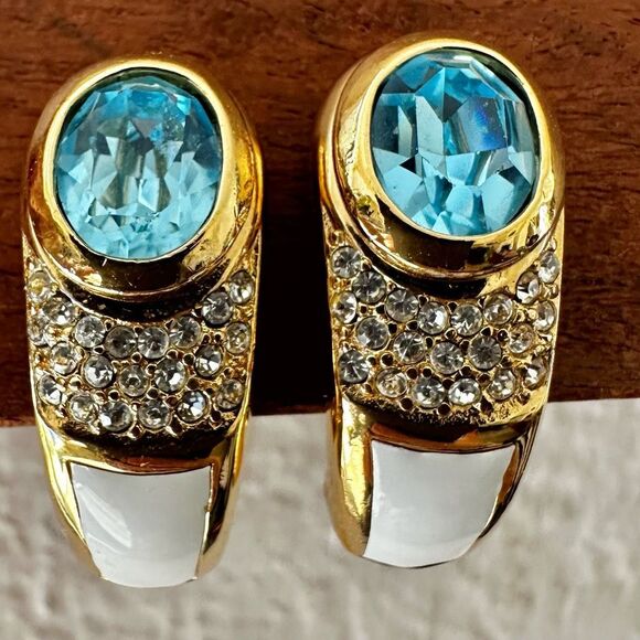 Vintage Christian Dior Blue Glass & White Enamel Clip-On Earrings - Picture 1 of 9